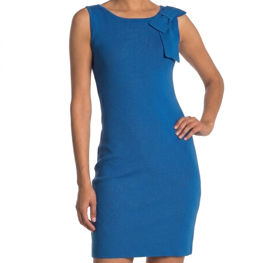 Carmen Marc Valvo Vibrant Blue Sleeveless Asymmetric Bow Mini Sheath Dress